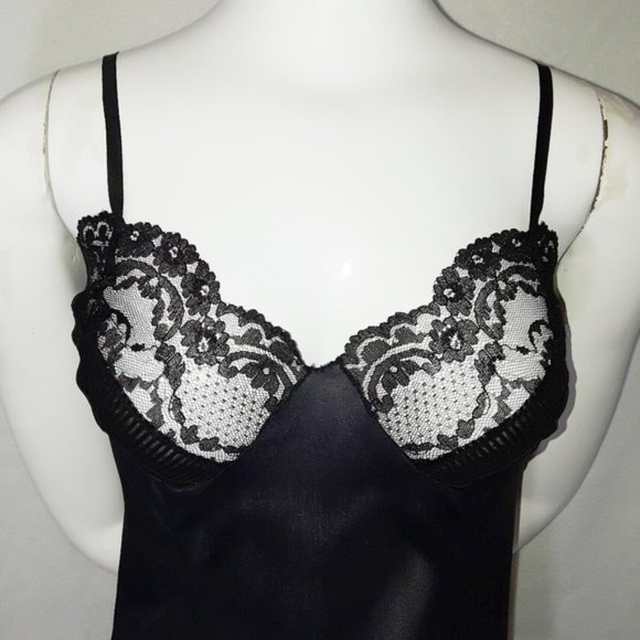Lace Pleated Trim Solid Black Chantilly Slip M - Picture 2 of 10
